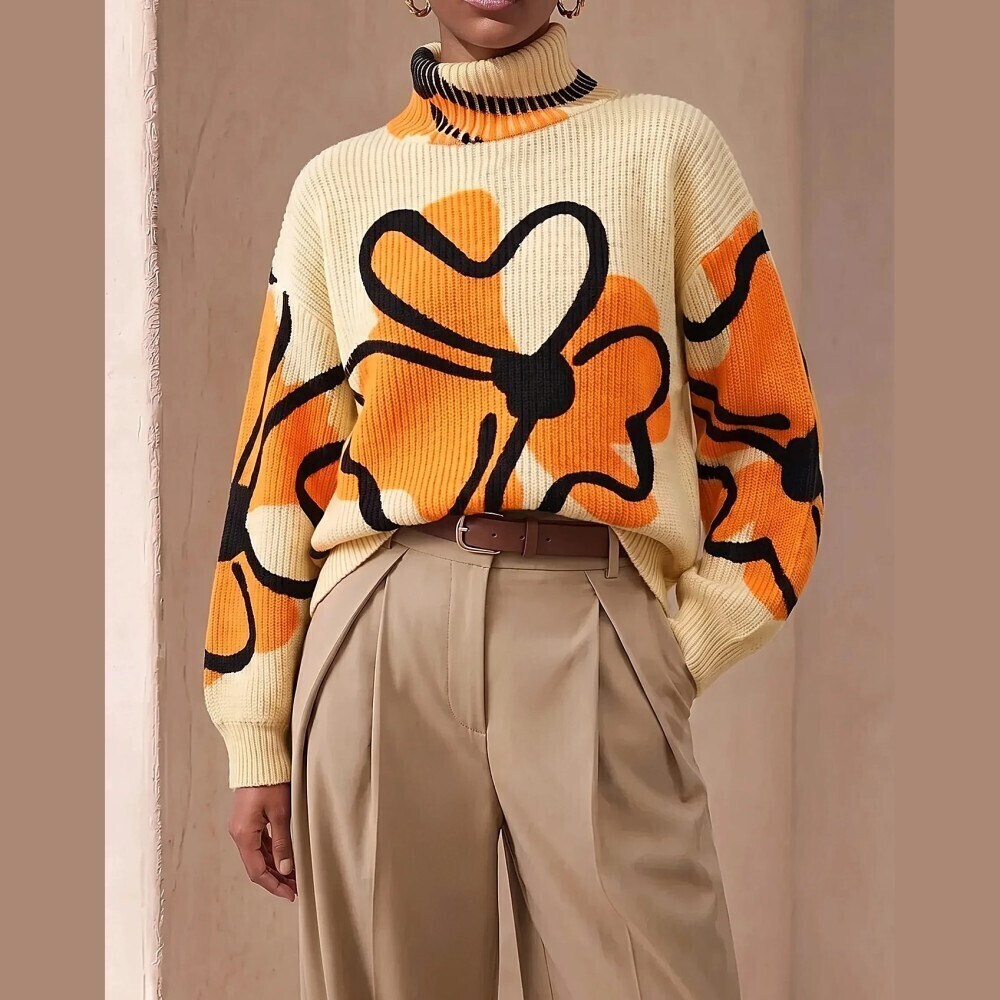 Ivory Orange Abstract Floral Ribbed Knit Turtleneck Sweater